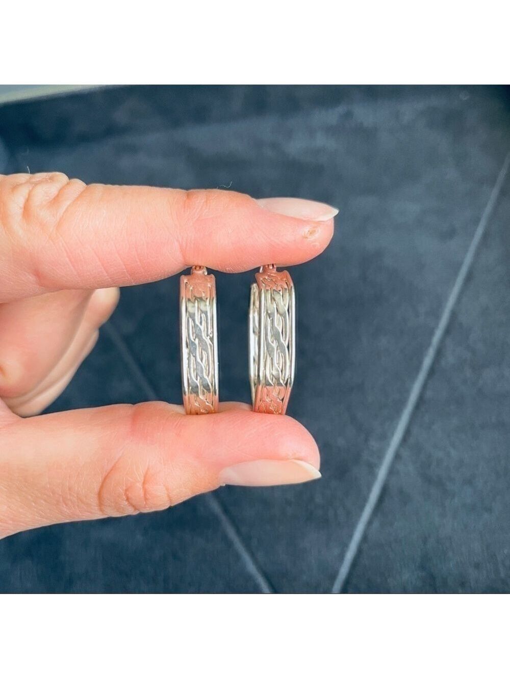 Hexagonal Textured Sterling Silver Hoop Earrings - Picture 6 of 9